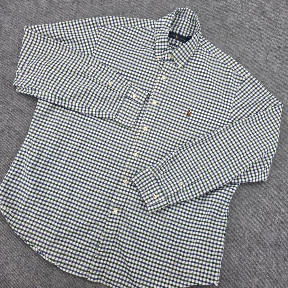 Ralph Lauren Mens XXL Gingham Check Button Down Shirt Navy Green Long Sleeve